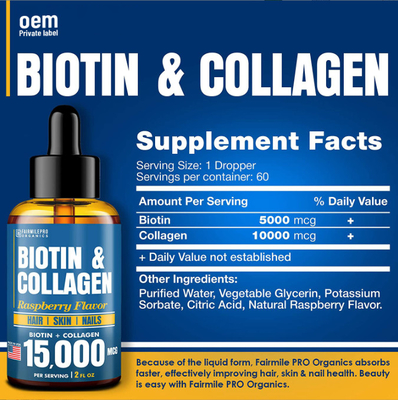 Saç Büyümesi ve Cilt Sağlığı İçin OEM Oral Sıvı Biyotin Kollajen Sıvı Kollajen ve Biyotin Damlaları